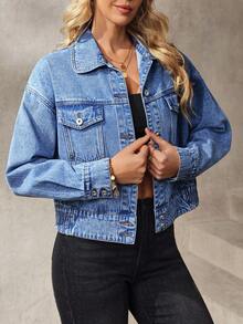 EMERY ROSE Women's Solid Color Front Button Pocket Casual Long Sleeve Denim Jacket And Coat - Blue - View 6