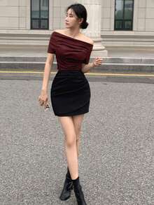 DAZY Women's Solid Color Off-Shoulder Pleated Fitted Short Sleeve T-Shirt, Spring/Summer - Burgundy - View 6