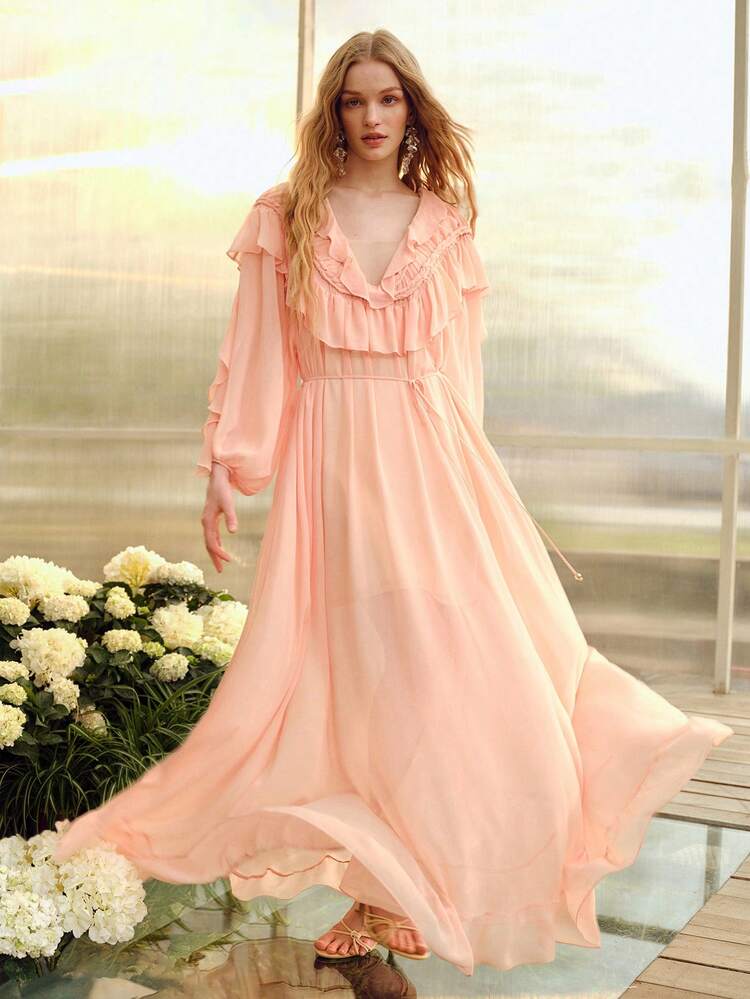 WOMEN'S V-NECK RUFFLE HEM DRESS, SPRING/SUMMER