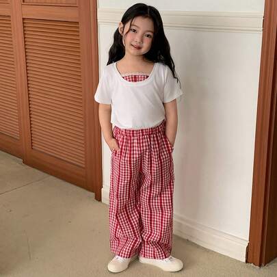 チェック柄パッチワーク 半袖カジュアルTシャツ&ゆったりパンツ セット 夏用 ガールズ