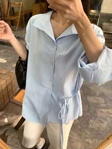 FRIFUL Camisa suelta de unicolor con cuello regular y cordón en la cintura para mujer - Azul - Ver 7