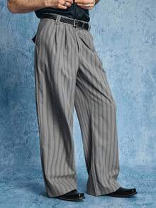 ROMWE MEN Street Life Men's Striped Straight Leg Loose Casual Suit Pants - smoke gray - View 5