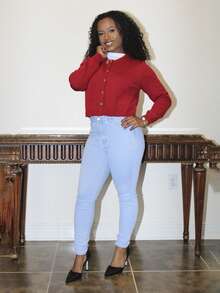 Steph T Classic Front Button Long Sleeve Cardigan, Fashionable For Autumn/Winter - Red - View 6