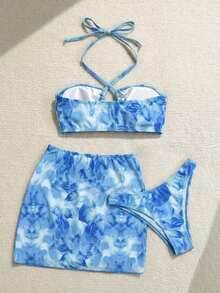 Soleia Bộ bikini hai mảnh hở lưng in hoa dành cho nữ, kèm váy sarong. - Màu xanh nhạt - Xem 2