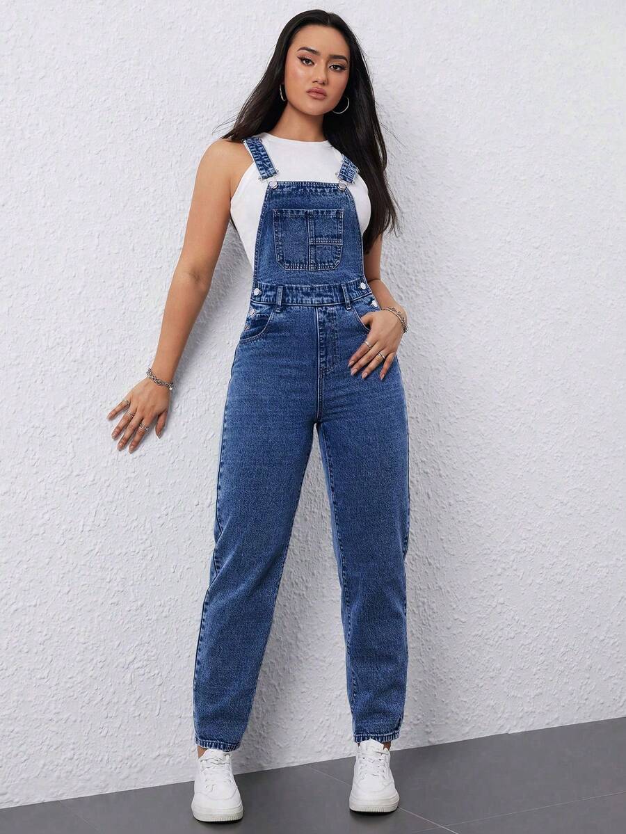 Flexra Women's Solid Color Button Slant Pocket Casual Versatile Denim Jumpsuit - Dark Wash - View 1