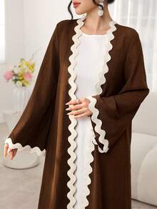 Al Najma Women's Brown Woven Long Sleeve Splice Apricot Ribbon Conservative Arabic Abaya, Spring/Summer - Brown - View 1