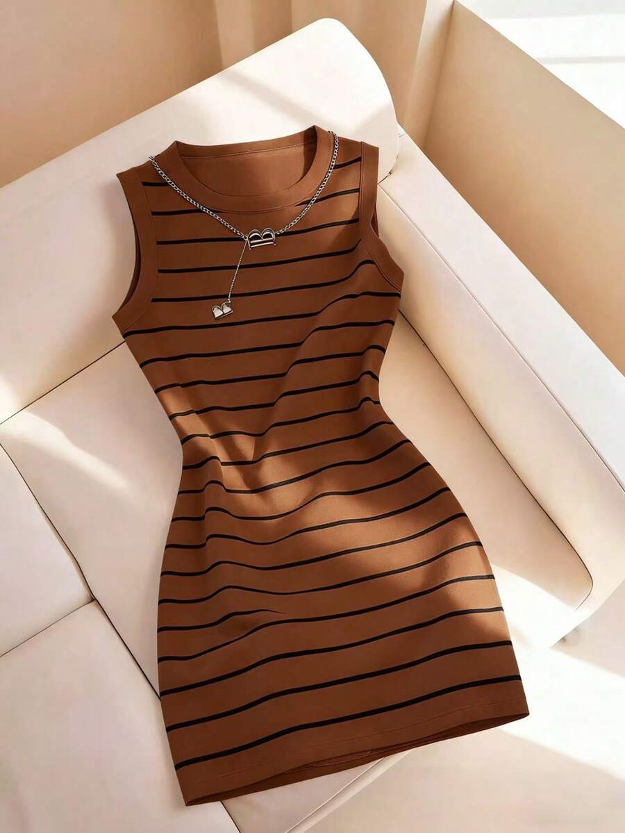 Resyla Women's New Striped Print Round Neck Fitted Sleeveless Dress, Spring/Summer - Multicolor - View 1