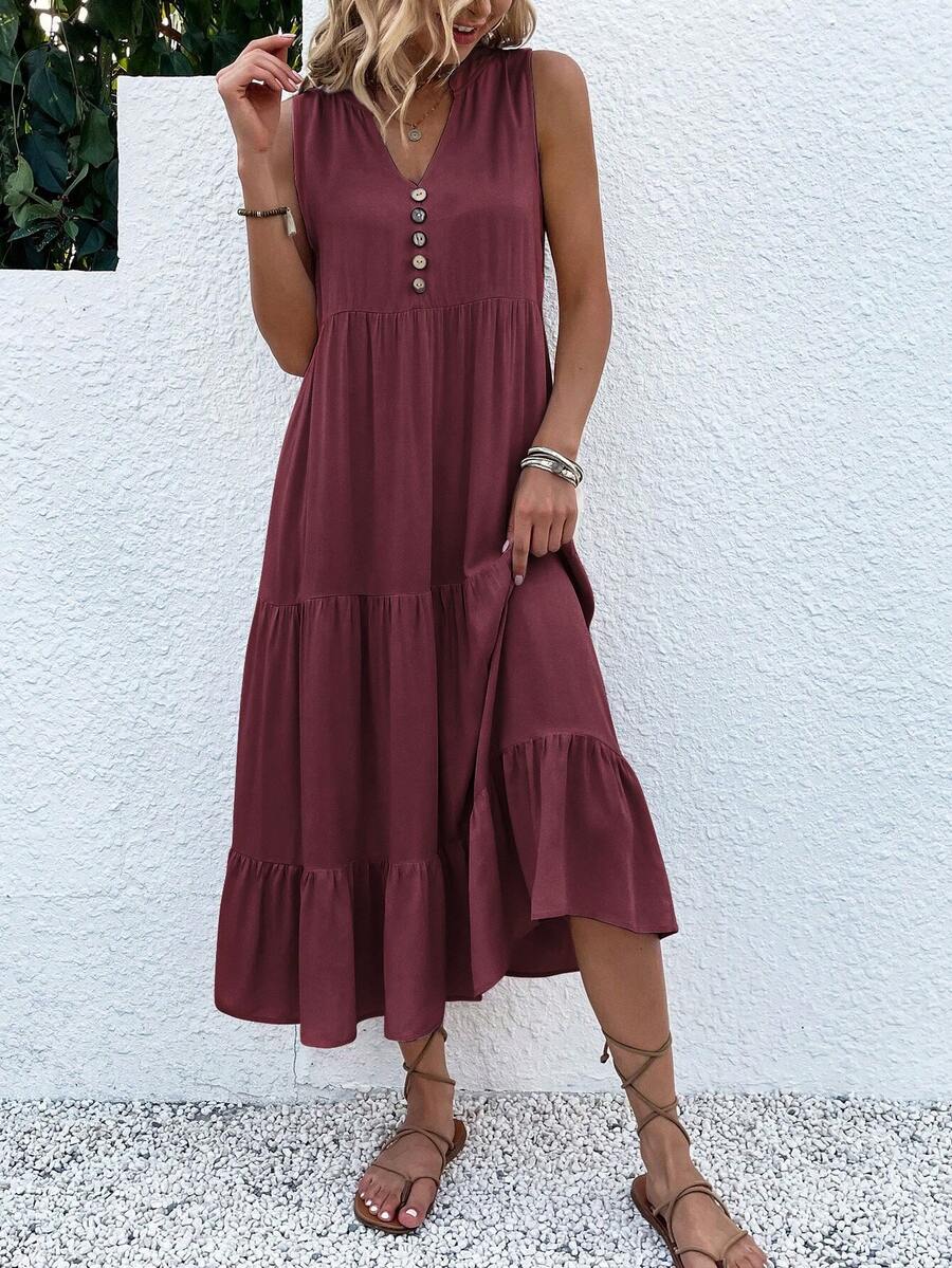 Breezaya 纽扣细节层叠下摆宽松连衣裙长款度假沙滩装女装 - 中紫紅色 - 查看 1