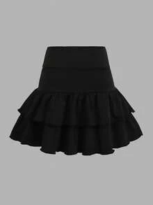 Tween Girl Casual Asymmetric Shoulder T-Shirt & Ruffle Hem Skirt Set - Black and White - View 4