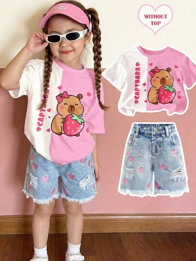 SHEIN Young Girl Spring Summer Light Washed Heart Embroidered Casual Girls Ripped Denim Long Short,Suitable For Daily Wear, Outdoor Play, Travel, School, Spring/Summer Holiday Travel Summer Relax, Suitable For Summer Summer Holiday,Girls Summer Cute Short