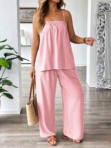 Roveilla Plus Size Women's Linen Blend Casual Jumpsuit, Loose Fit Sleeveless Romper For Commuting, Vacation, Beach, Spring/Summer Women Vacation Outfit Sets Wide Leg Pants Set Two Piece Set Women Comfy Summer Pants Sets For Women Casual Two Piece Set - Pink - View 4