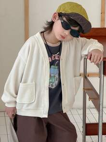 Dazy Kids Toddler Boys' Loose V-Neck Cardigan Jacket, Casual Textured Fabric, Autumn - Beige - View 1
