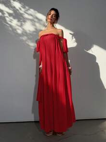Aloruh Vestido maxi holgado de gasa plisada con hombros descubiertos y lazo de cuerda, estilo de diosa rosa, primavera/verano - Rojo - Ver 5