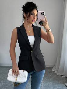 Rafferiza Chic Dark Gray Woven Fabric Sleeveless Blazer For Women Regular Length Lapel Single Button Vest - Dark Grey - View 3