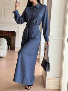 DAZY 2pcs/Set Women Casual Collared Tie-Waist Top And Pants Commuter Outfit - Blue - View 6