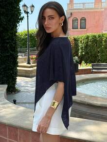 Aloruh Áo choàng dệt kim jacquard khoét lỗ màu mơ thời trang mới, đa năng, kiểu dáng cổ yếm, cổ áo choàng, thích hợp mặc đi nghỉ mát, nhẹ nhàng, kiểu dáng áo khoác ngoài. - Màu xanh hải quân - Xem 4