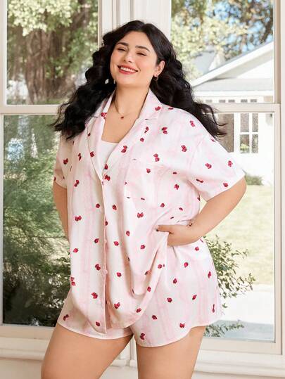 Solflare Spring/Summer New Lace Strawberry Print Shirt Collar Cardigan & Elastic Waist Loose Shorts 2-Piece Set, Suitable For Casual, Party, Music Festival, Vacation, Streetwear, Loungewear, Plus Size, Pink