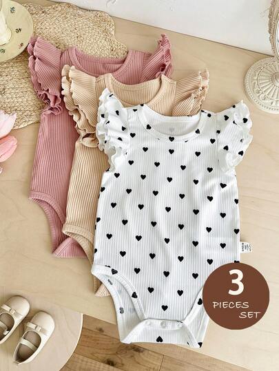 LMoss Kids 3pcs Baby Girl Cute Heart Print Flutter Sleeve Romper Set