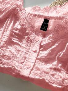 Comfortcana Women's Casual Contrast Lace Pink Button-Front Woven Shirt, Summer - Pink - View 5