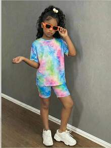 少女休闲日常街头风扎染宽松T恤和打底裤两件套 - 彩色 - 查看 1