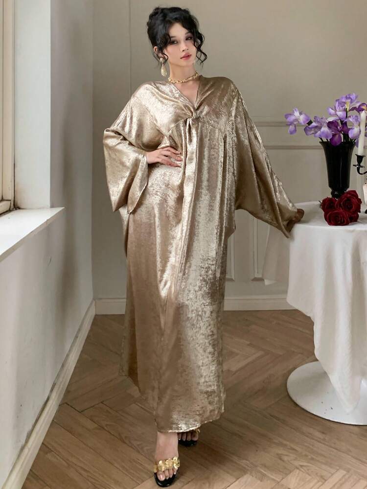 Spring & Summer Shiny Gold Cape-Style Flare Sleeve Dress, Elegant For Valentine's Day, Wedding, Party, Banquet, Fashion Event, Commute, Floral Print Long Sleeve Midi Dress For Women Sundress