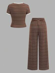 2pcs/Set Teen Girls Striped Knit Top + Loose Pants Suit, Casual Daily Fashion Versatile Outfit - Brown - View 2
