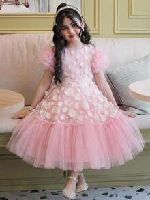 SHEIN 女童雪纺碎花荷叶边圆领休闲连衣裙 - 白色 - 查看 2