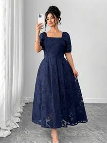Elenzga Plus Size Women Elegant Square Neck Puff Sleeve Jacquard Cutwork Midi Dress - Navy Blue - View 4