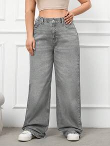 EURMUSE 100%Cotton Plus Size Belt Details Wide Leg Jeans - Grey - View 4