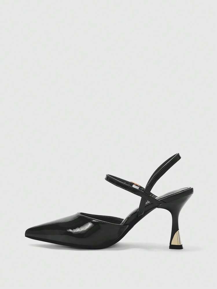 CUCCOO BIZCHIC Women Shoes Women's Pointed Thin High Heel Black Mirror Back Ankle Strap Women's High Heel Shoes Stylish And Comfortable Commuters Business Versatile Women's Slingback Shoes