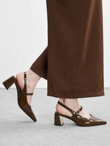 CUCCOO BIZCHIC 女士鞋履 女士尖头粗跟中跟棕色镜面露跟高跟鞋 时尚舒适 通勤商务百搭 - 咖啡色漆皮 - 查看 3