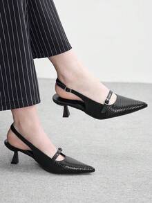 CUCCOO BIZCHIC 黑色编织纹理尖头高跟鞋，无后跟搭扣细跟通勤鞋，女士 - 黑色 - 查看 1