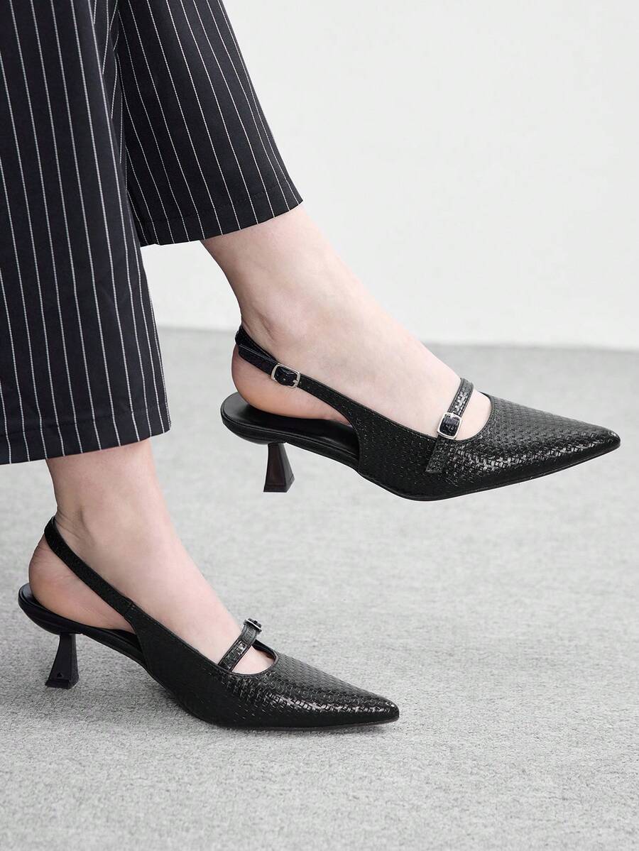 CUCCOO BIZCHIC 黑色编织纹理尖头高跟鞋，无后跟搭扣细跟通勤鞋，女士 - 黑色 - 查看 1