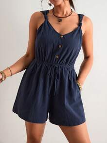 Freevana 100%纯棉加大码女式纹理纽扣装饰弹力腰带夏季简约休闲连体裤女式连身短裤女式亚麻连体裤舒适连身裤女式连体裤夏季连身裤女式连身裤 - 藏蓝色 - 查看 5