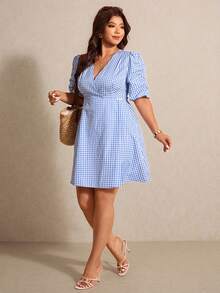 Elaquor 大码交叉裹身常规肩部泡泡袖简约夏季连衣裙 - 藍色 - 查看 1