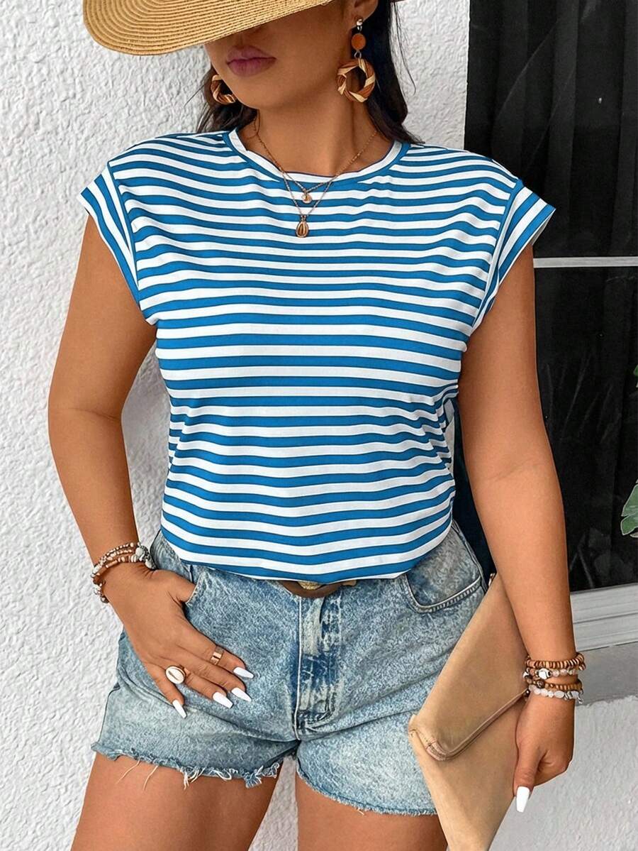 SHEIN Frenchy Plus Size Summer Casual Round Neck Blue And White Striped T-Shirt - Blue and White - View 1