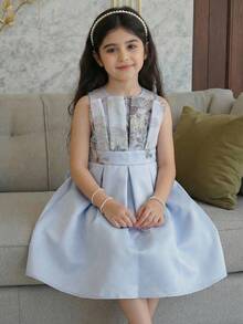 SHEIN Young Girl Jacquard Patchwork Round Neck Sleeveless Elegant Court Style Dress - Teal Blue - View 8