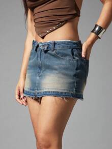 Denimoi Fold Over Waistband Raw Edge Denim Mini Skirt Sexy Skirts Fashionable Streetwear Concert - Medium Wash - View 3
