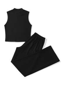 Conjunto de pijama de camiseta y pantalones de unicolor para mujer - Negro - Ver 2