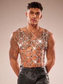 FeverCity Men's Hollow Out Rhinestone Patchwork Tank Top - Silver - View 5