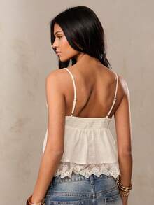 SHEIN BAE 女士米色亚麻面料假日休闲蕾丝刺绣拼接荷叶边吊带背心，适合作为亚麻上衣、度假上衣、沙滩上衣、休闲上衣、可爱上衣、夏季上衣 - 白色 - 查看 2