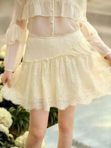 MOTF PREMIUM 女士蕾丝拼接浪漫短裙，春夏款 - 杏色 - 查看 2
