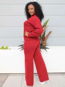 Steph T Damen Lässig Komfortable Minimalistische Mode Locker Gestrickter Pullover und Hohe Taille Elastische Lässig Hose 2-teiliges Set, Herbst/Winter - Bordeaux - Übersicht 6