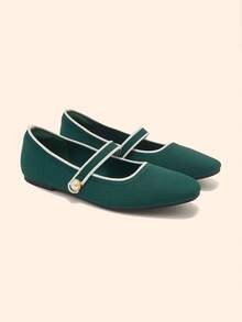 CUCCOO BASICS Sepatu Mary Jane Wanita Warna Hijau Zaitun dengan Ujung Persegi, Trim Putih dan Desain Tali Dekorasi Mutiara, Segar dan Bergaya, Cocok untuk Bepergian, Kencan, Pesta, dan Acara Lainnya - Dark Green - View 2
