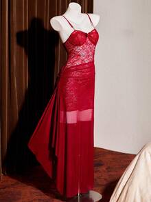 SHEIN Sexy Burgundy Lace 2 In 1 Design Spaghetti Strap Dress, Mesh Patchwork Slit Draped Evening Gown - Burgundy - View 6