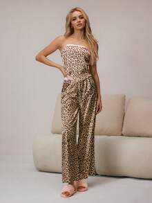 HautHeat Women's Leopard Print Lace-Up Backless Camisole And Pants Pajama Set - Khaki - View 3
