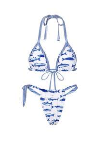 Swim Vcay 女士新款鱼纹条纹饰边V领露背吊带三角比基尼上衣和比基尼下装两件式泳衣，春夏款 - 彩色 - 查看 6