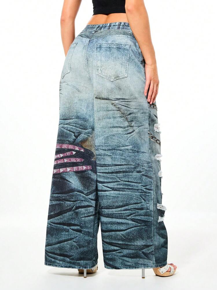 SUMWON WOMEN Distressed Wide Leg Jeans With Chain Details