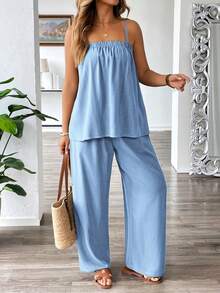 Roveilla Bộ áo liền quần dáng rộng không tay bằng vải pha lanh dành cho nữ cỡ lớn, thích hợp đi làm, đi nghỉ mát, đi biển, mùa xuân/hè. - Màu xanh bụi bặm - Xem 3
