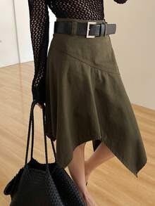 DAZY Chân váy denim nữ dáng suông, cạp thường, vạt bất đối xứng, chất liệu denim mài, kiểu dáng thường ngày. - xanh quân đội - Xem 3